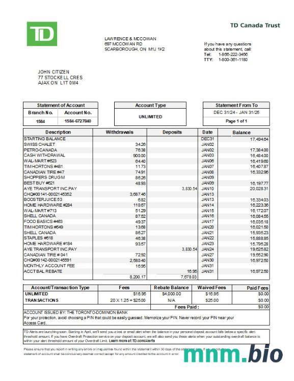Szablon wyciągu bankowego Canada Scotiabank w programie Word i PDF